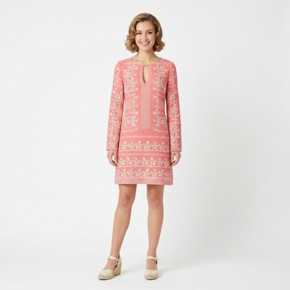 BCBGMAXAZRIA Coral Pink Floral Keyhole Long‎ Sleeve Shift Dress Women Size S